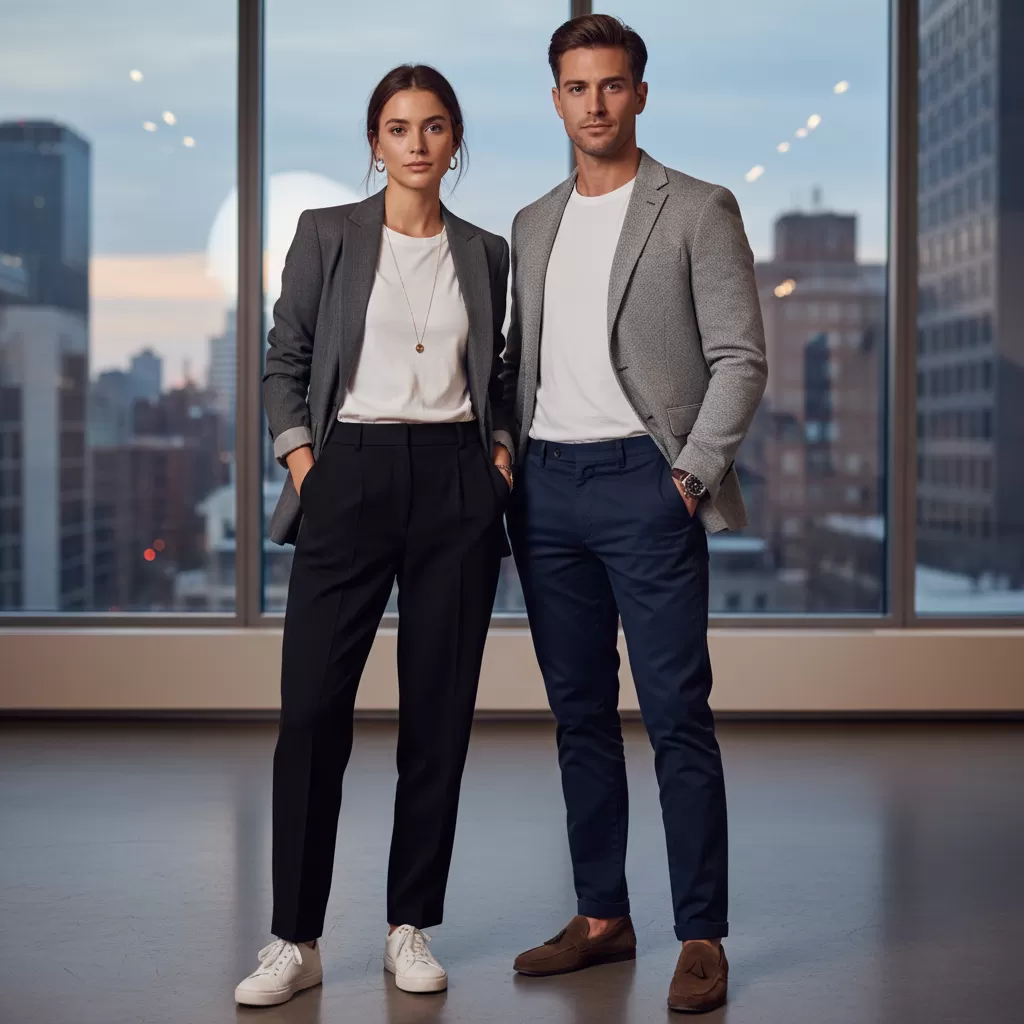 gemini_image_1770617688 Áo blazer phối cùng áo thun tạo nên vẻ ngoài chuyên nghiệp nhưng vẫn giữ được nét trẻ trung