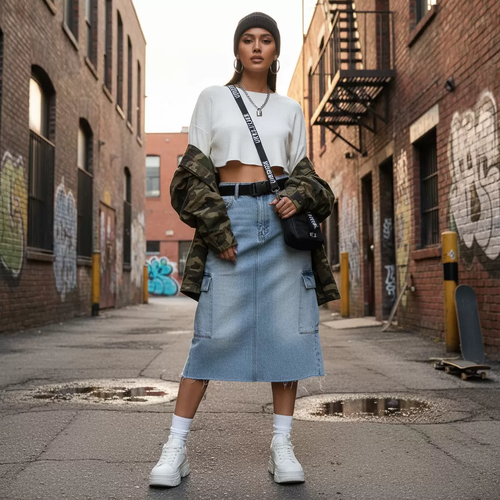 gemini_image_1770618646 Sự kết hợp giữa áo croptop và chân váy denim mang lại vẻ ngoài cá tính