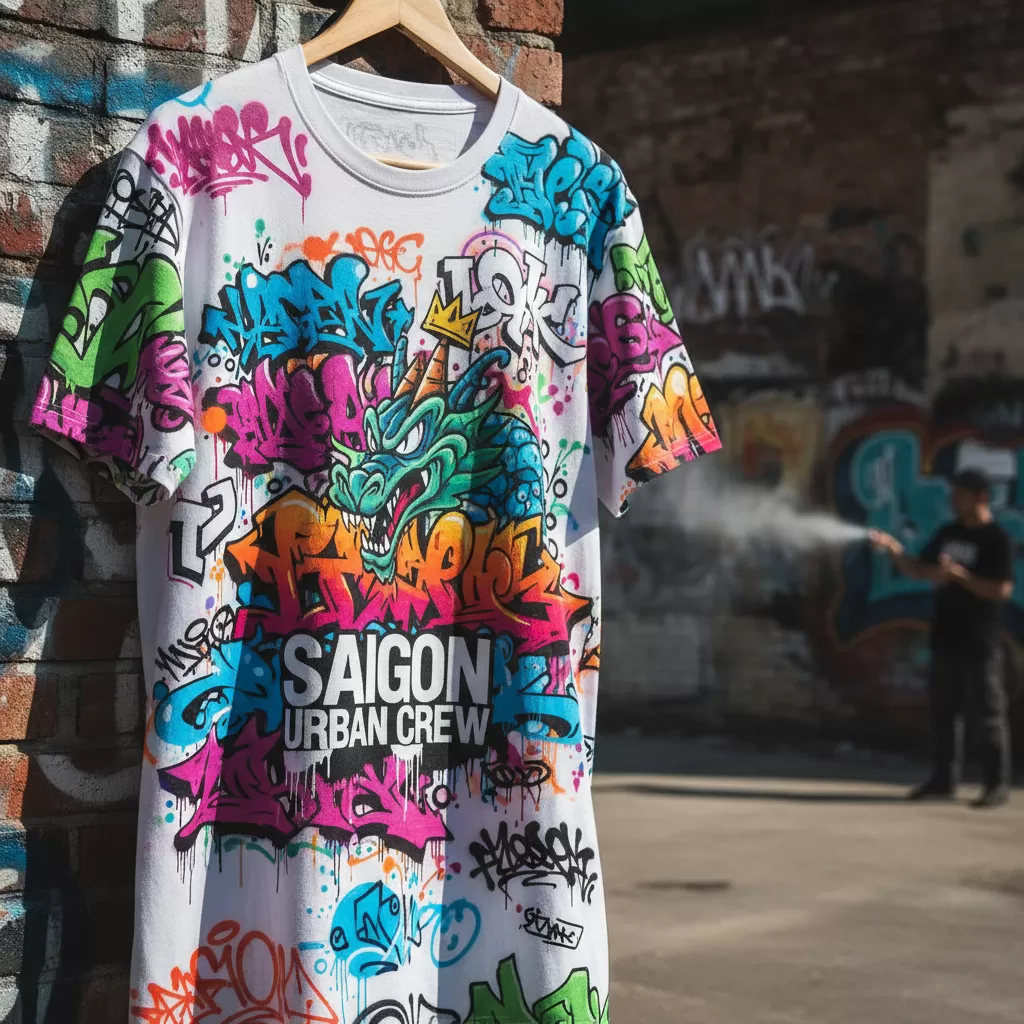 gemini_image_1770620759 Nghệ thuật Graffiti mang đến hơi thở năng động và tự do cho các thiết kế áo thun