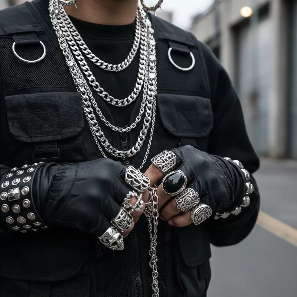 gemini_image_1770622251-1 Phụ kiện kim loại tạo điểm nhấn sang trọng và cá tính cho tổng thể bộ đồ màu đen