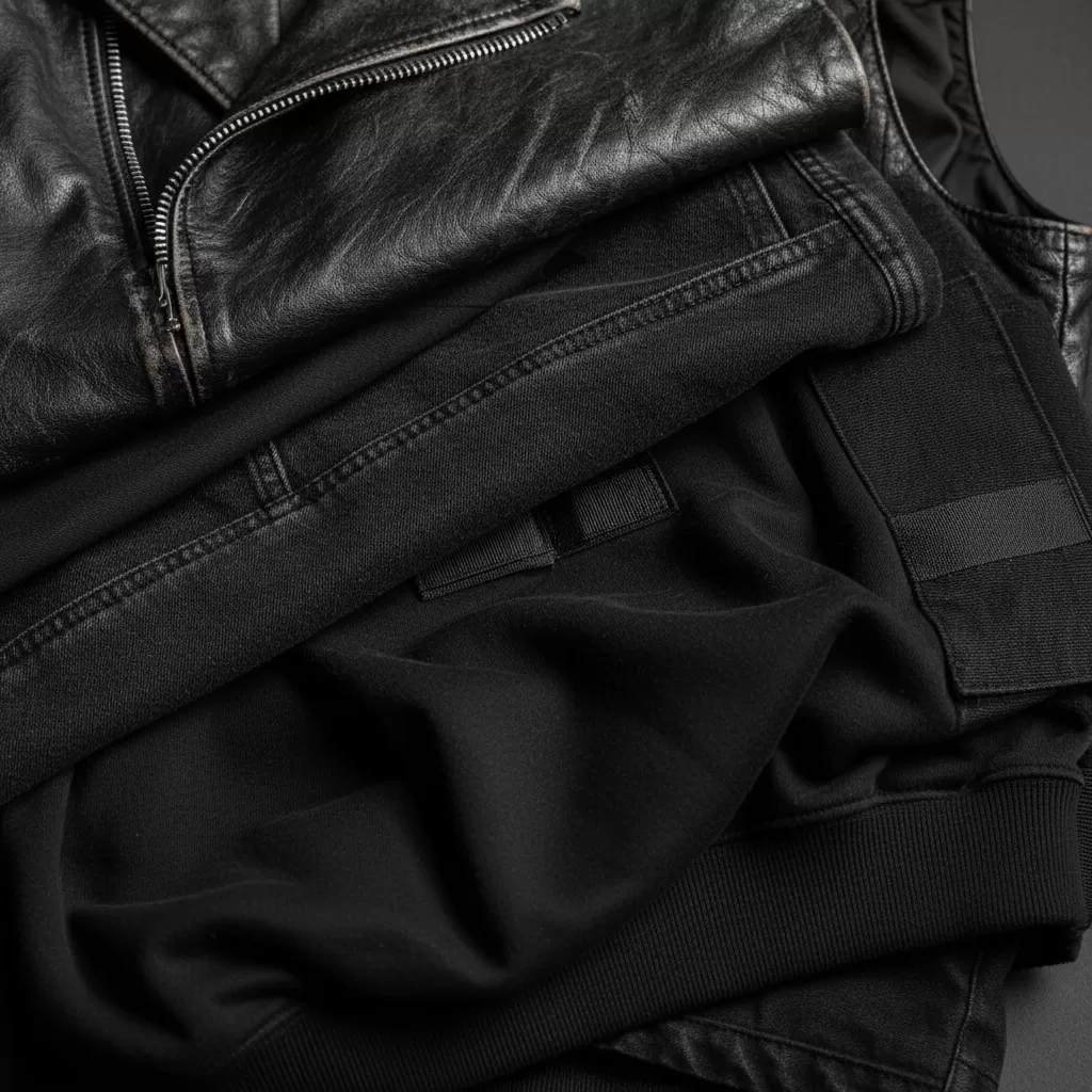 gemini_image_1770622251 Sự kết hợp đa dạng chất liệu là chìa khóa để bộ trang phục all black không bị đơn điệu