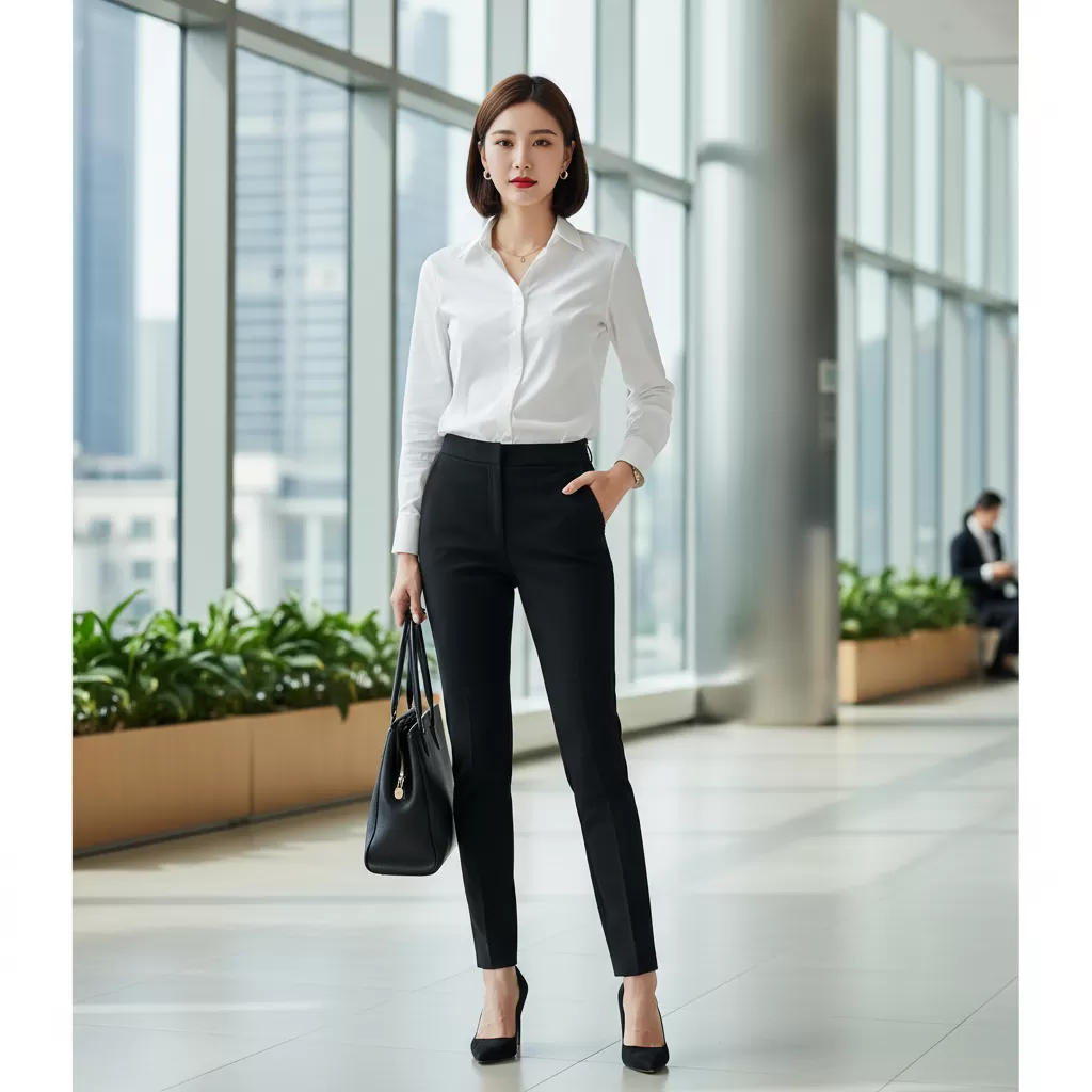 Outfit công sở kinh điển với áo sơ mi trắng và quần tây đen