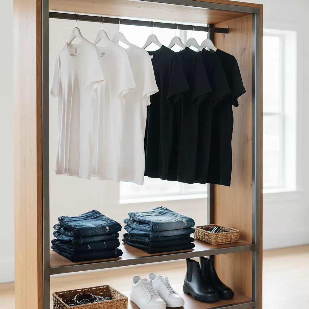 gemini_image_1770622852-1 Sự tối giản của áo thun đen trắng giúp tiết kiệm thời gian phối đồ mỗi ngày