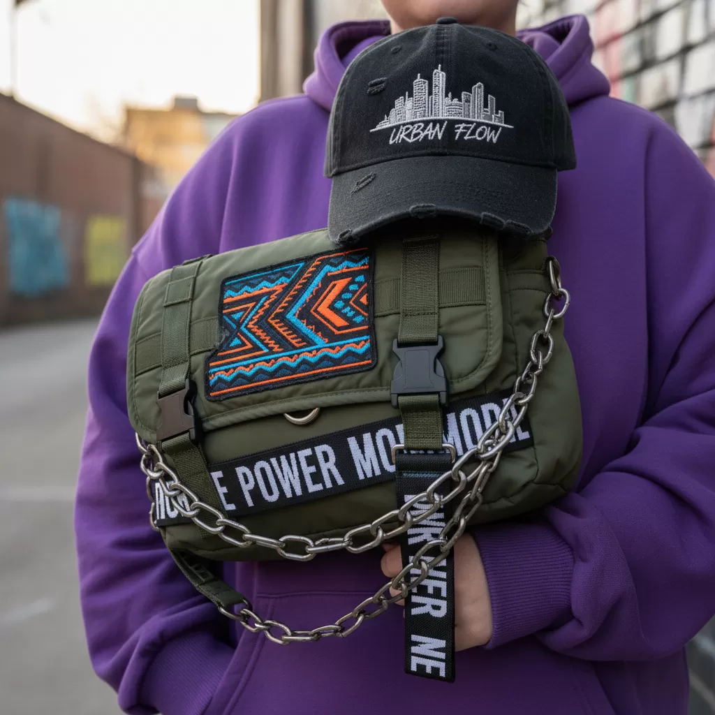 gemini_image_1770623461 Phụ kiện túi đeo chéo và mũ giúp tạo điểm nhấn và cân bằng tỷ lệ cơ thể