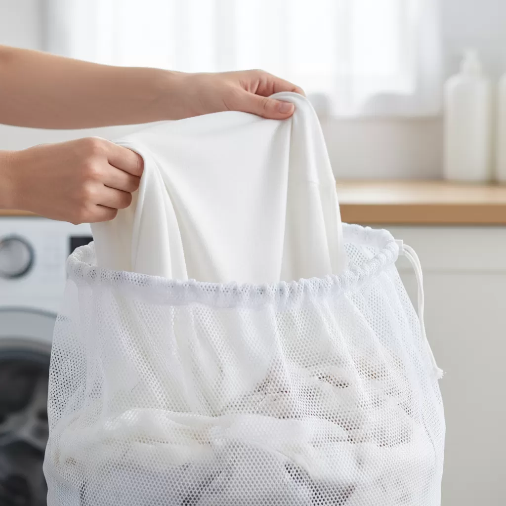 gemini_image_1770624265 Sử dụng túi giặt chuyên dụng là bí quyết quan trọng để bảo vệ sợi vải khỏi ma sát máy giặt
