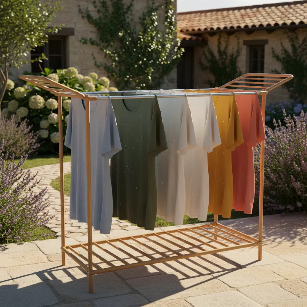 Phơi ngang áo thun trên giá phơi giúp tránh tình trạng chảy xệ do trọng lượng nước