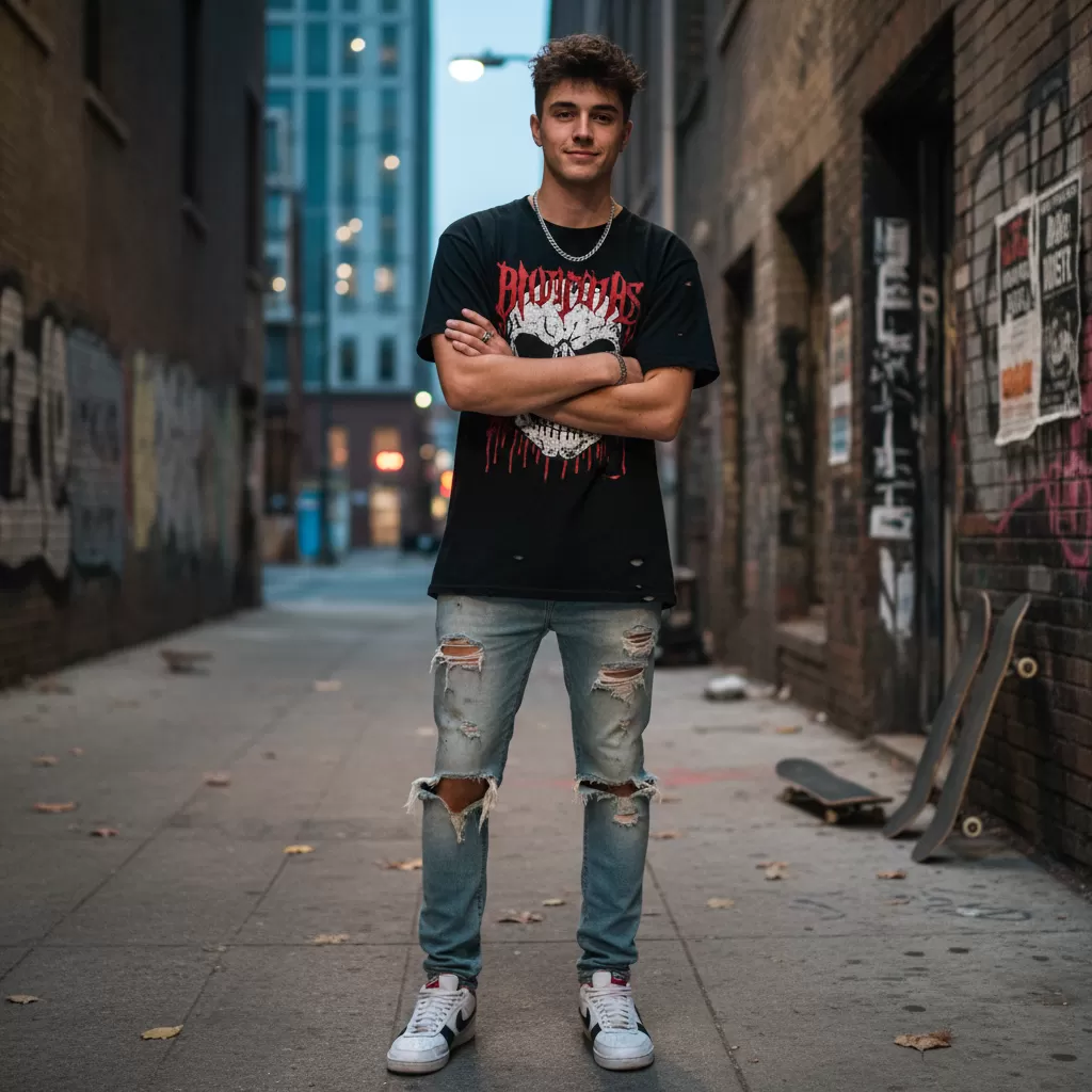 Phong cách trẻ trung và phá cách với áo thun họa tiết kết hợp cùng quần jean rách