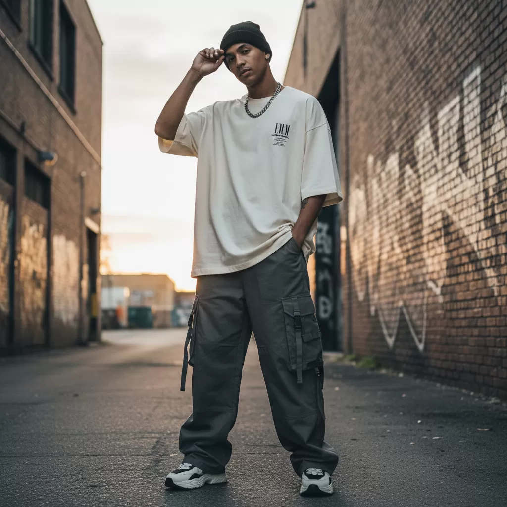 gemini_image_1770627293-1 Sự kết hợp giữa áo thun oversize và quần túi hộp tạo nên vẻ ngoài năng động và phóng khoáng