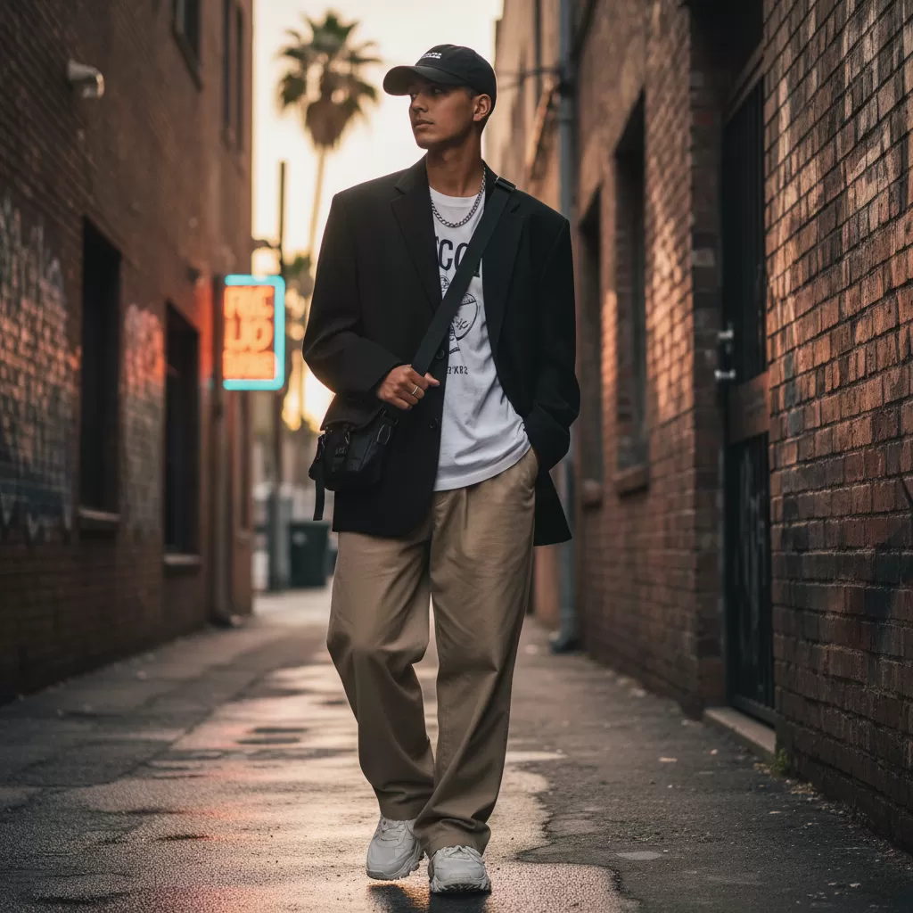 Sự kết hợp giữa các item streetwear và trang phục có cấu trúc tạo nên vẻ ngoài lịch thiệp