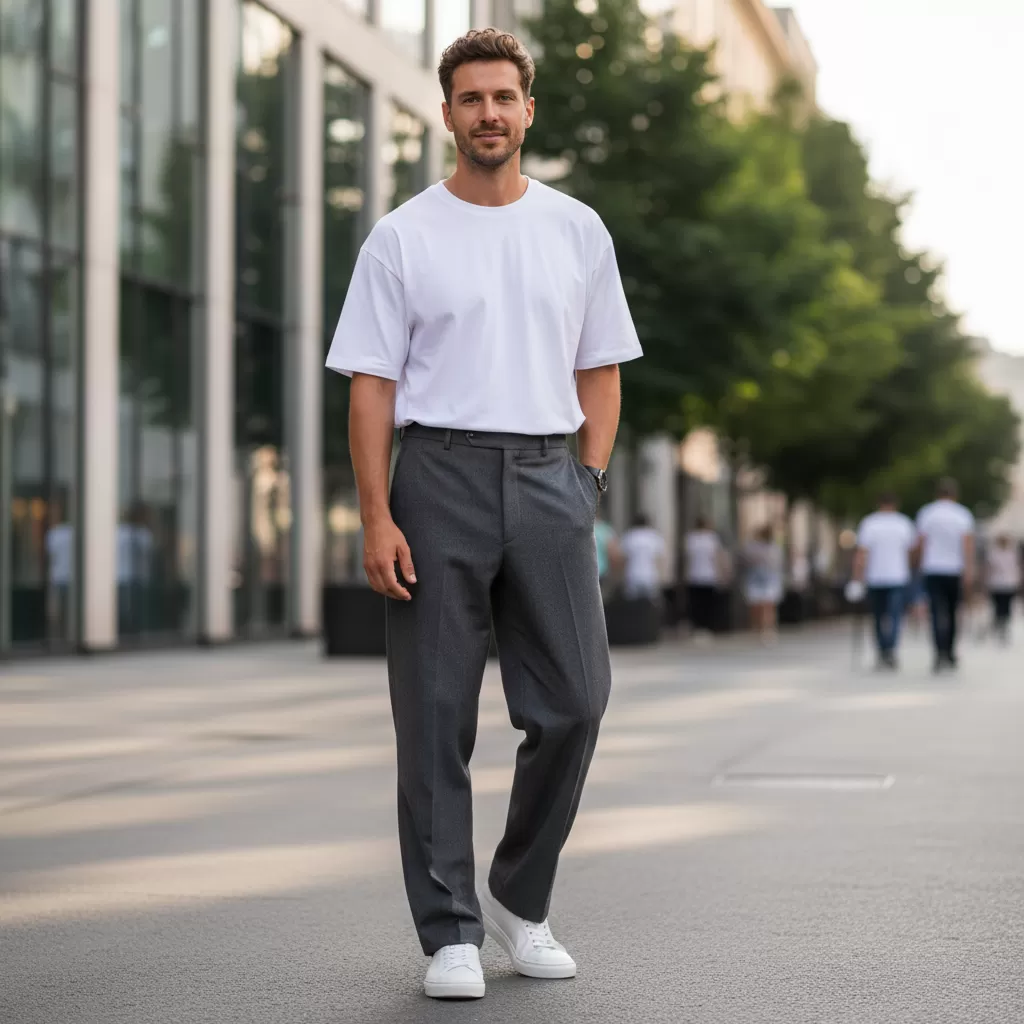 gemini_image_1770627884 Sự kết hợp giữa áo thun oversize và quần tây tạo nên vẻ ngoài năng động nhưng vẫn lịch sự
