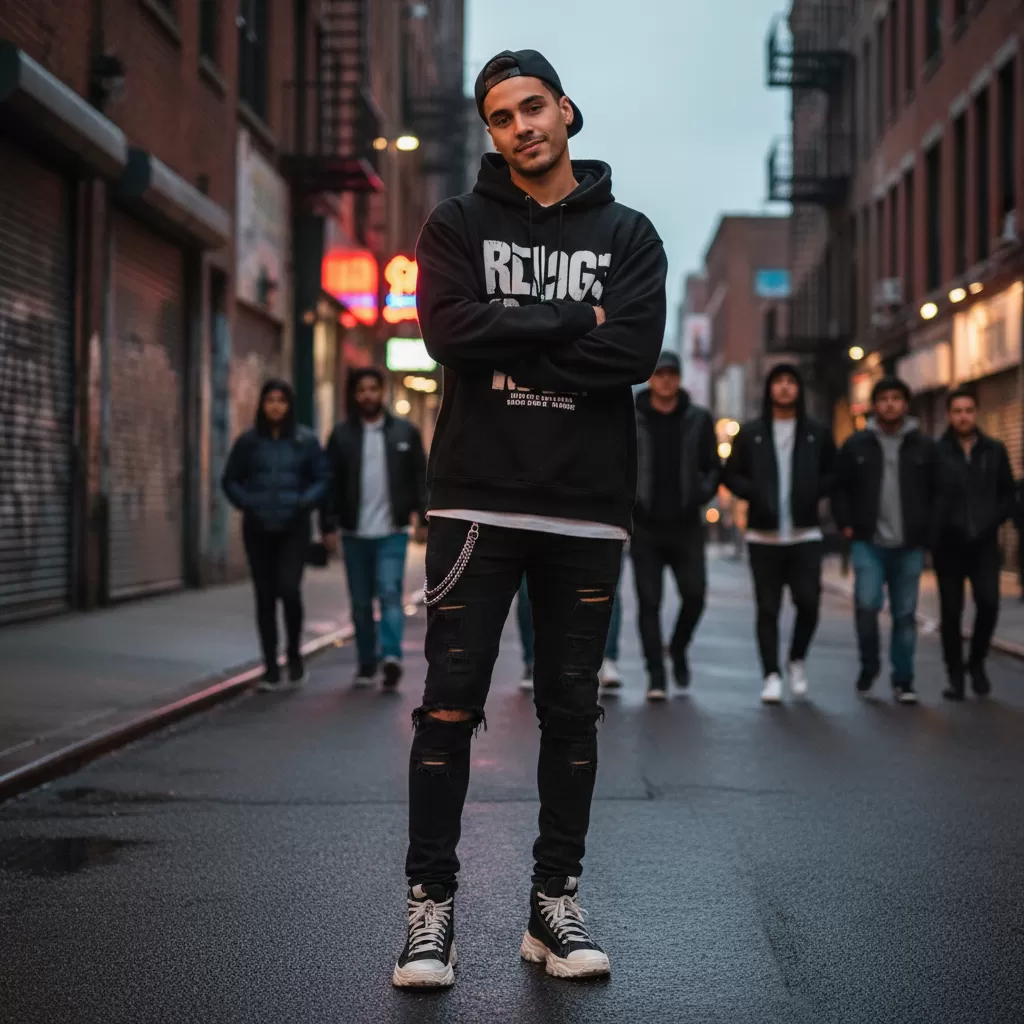 gemini_image_1770628778 Quần jean đen rách gối là biểu tượng không thể thay thế trong phong cách thời trang đường phố