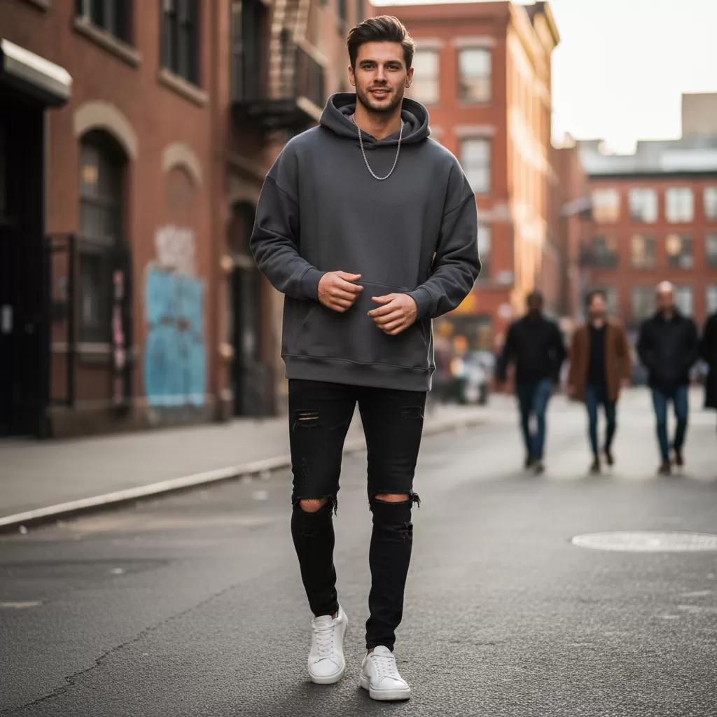 gemini_image_1770628779-1 Sự kết hợp hoàn hảo giữa quần jean đen rách gối và áo hoodie cho phong cách năng động