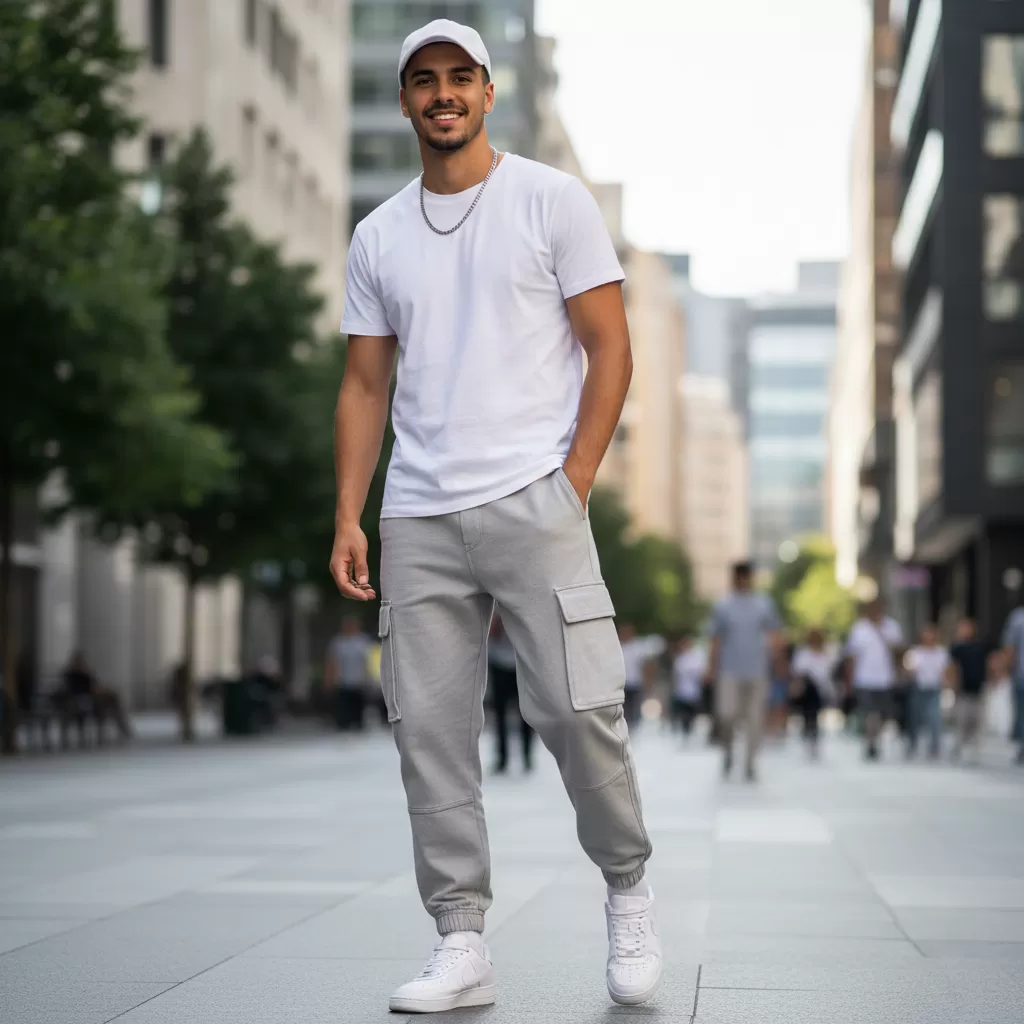 gemini_image_1770629056 Sự kết hợp đơn giản nhưng vô cùng hiệu quả giữa quần túi hộp và áo thun