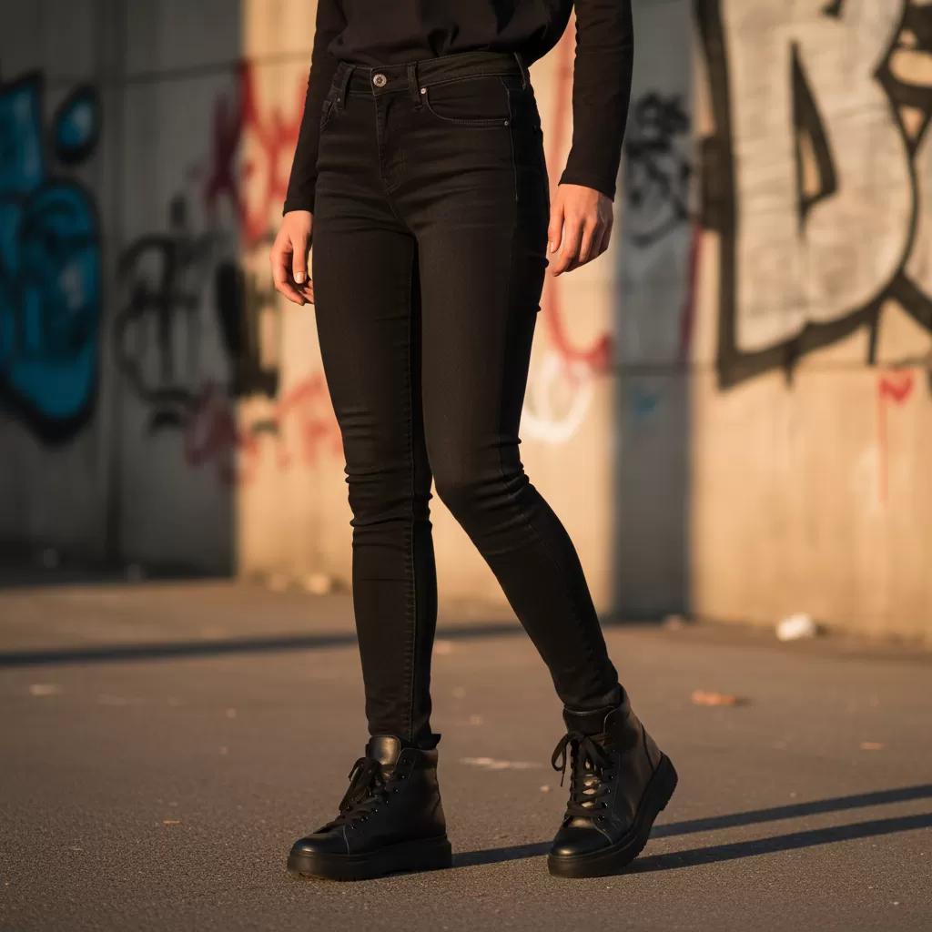 gemini_image_1770629662 Sự đồng nhất màu sắc giữa quần và giày tạo hiệu ứng kéo dài đôi chân