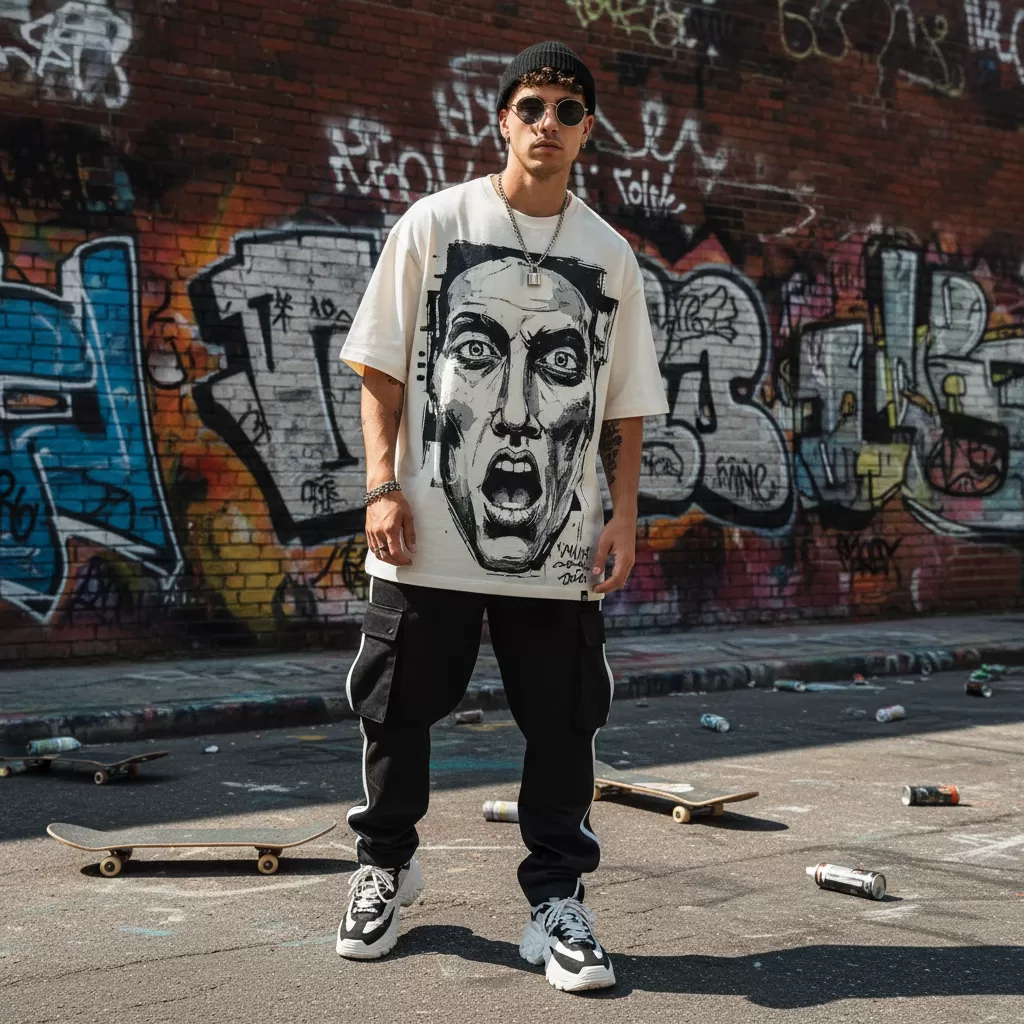 gemini_image_1770630433 Áo thun in lớn full mặt tạo nên điểm nhấn thị giác mạnh mẽ cho người mặc