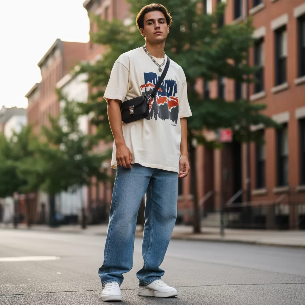 gemini_image_1770630435 Sự kết hợp hoàn hảo giữa áo thun in lớn và quần ống rộng tạo nên phong cách năng động