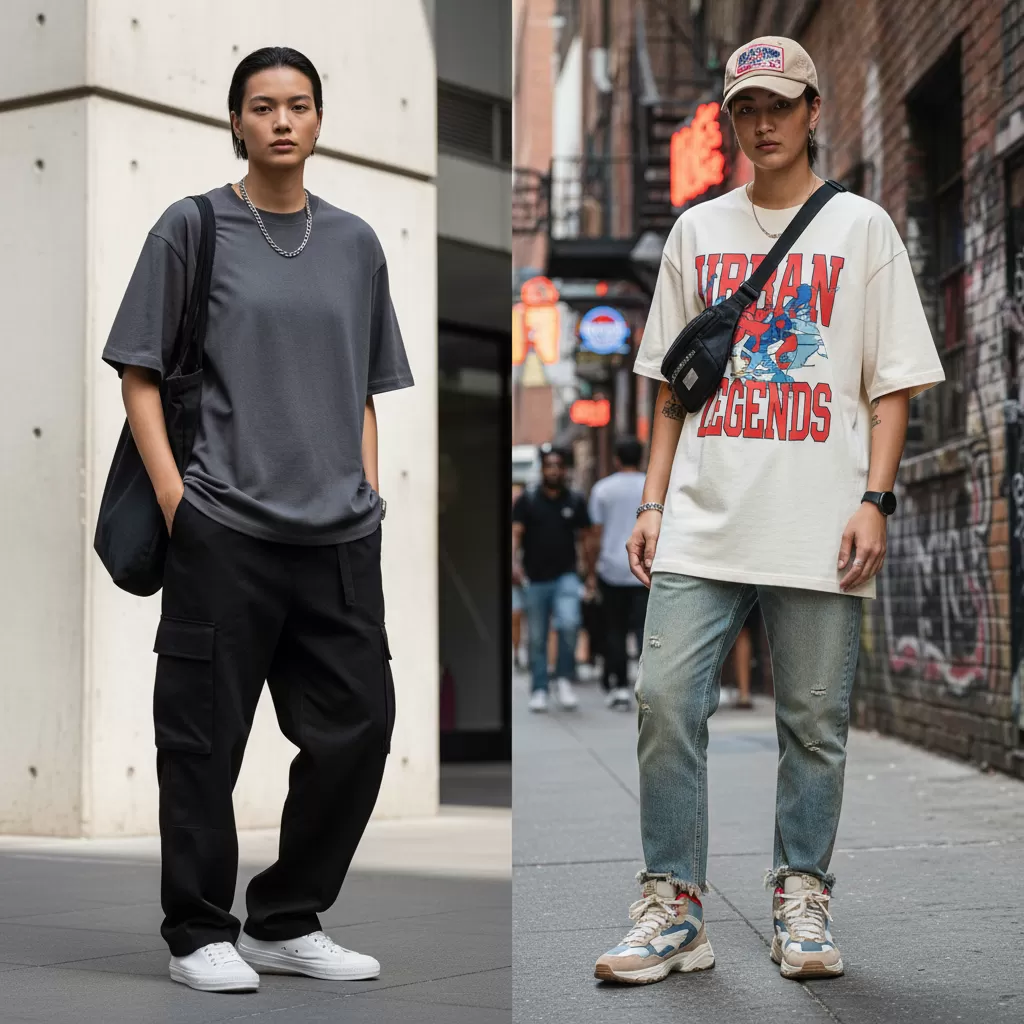 gemini_image_1770630660 Sự khác biệt rõ rệt giữa phong cách tối giản và phong cách đồ họa trong thời trang đường phố